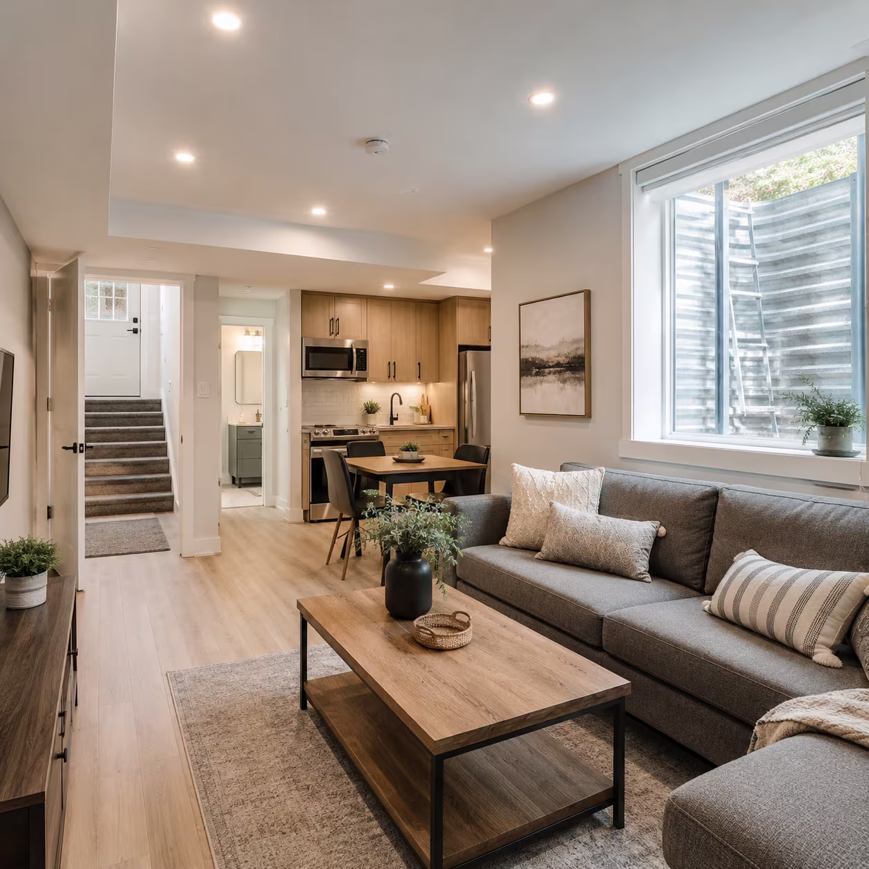 Finished basement suite with a kitchen, living area, and egress window